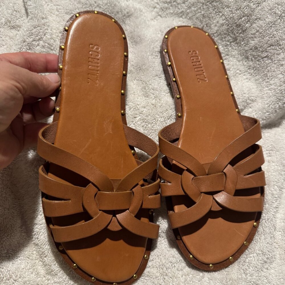 Schultz Phoenix Flat. Brown Leather. Size 8 tan brown slides slip on sandal trav - Picture 4 of 14